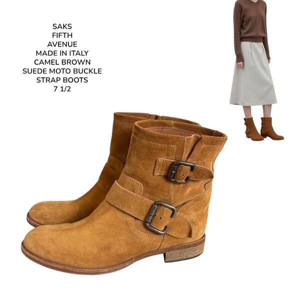 SAKS FIFTH AVENUE MADE IN ITALY SUEDE CAMEL BROWN BUCKLE MOTO BOOTS SZ. 7.5 - Picture 1 of 8